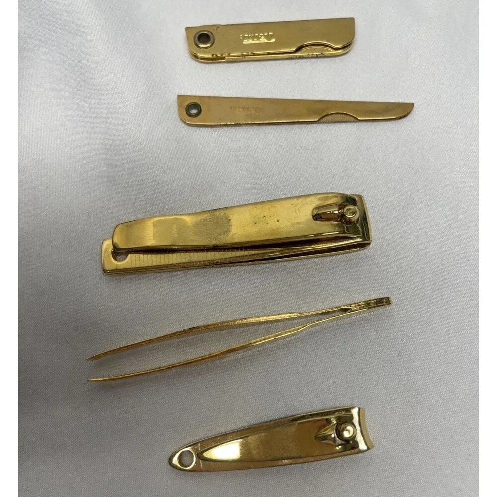 Vintage Bassett USA Trim Nail Grooming Kit Gold Tone Clippers Tweezers Blade 7pc